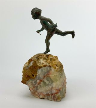 Vintage Signed Curtis Jere Young Girl Bronze Sculpture Natural Quartz Base Sjs