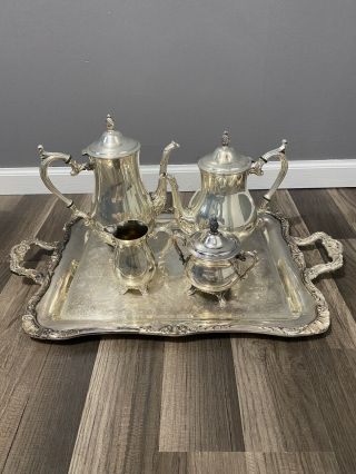 Wm Rogers & Silver Coffee Tea Set 5 Piece Set With Heavy Decorated Tray - Vintage