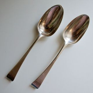 Pair Antique Georgian Solid English Silver Tablespoons Serving Spoon London 1826