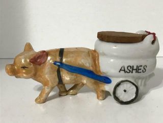 Vintage Lustre Ware Pig Pulling A Cart Ashtray Wood Lid Made In Japan