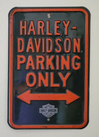 Harley - Davidson Tin Sign,  H - D Embossed Parking Only Sign,  Black And Burnt Orange