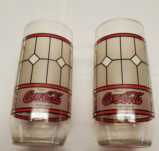 2 Coca Cola Drinking Glasses Vintage Tiffany Style Coke Frosted Glass Cups