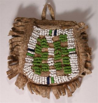 1890s Native American Sioux Indian Bead Decorated Hide Pouch / Beaded Hide Bag