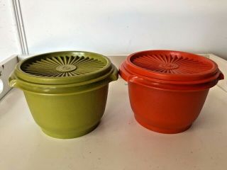 Vintage Tupperware Servalier 886 Containers Bowls Lids Green Orange Set 2