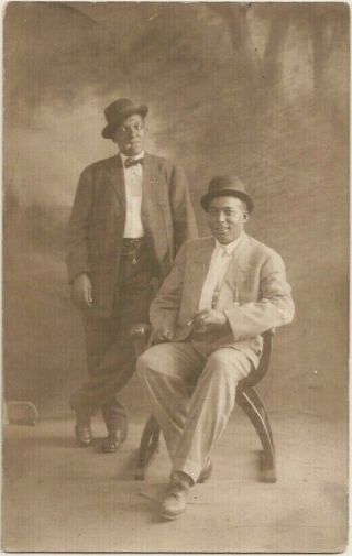 Vintage Rppc Postcard - Black Americana,  2 Gentlemen,  Bowler Hats,  Smoking Cigars