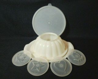 Vintage Tupperware White Jel - N - Serve Jello Mold With Plate & 4 Design Lids