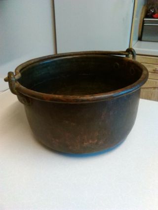 Large Antique Copper Cooking Pot With Wrought Iron Handle - 38cm Dia (2900)