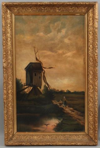 19thc Antique Signed Folk Art O/c Windmill Landscape Oil Painting & Gilt Frame