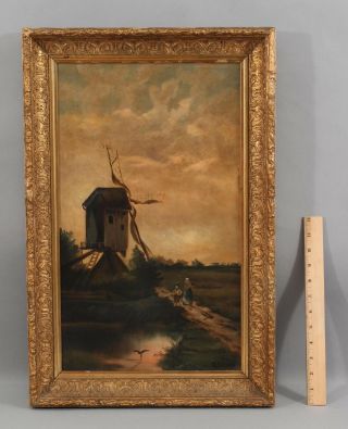 19thC Antique Signed Folk Art O/C Windmill Landscape Oil Painting & Gilt Frame 2