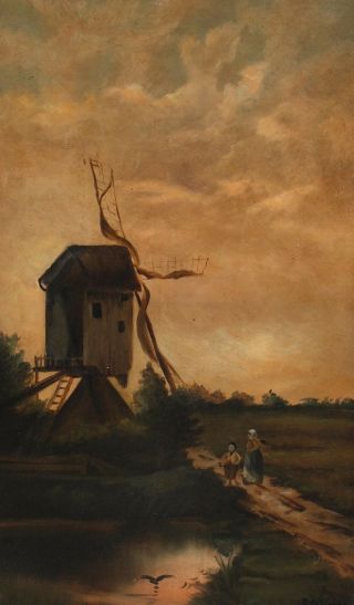 19thC Antique Signed Folk Art O/C Windmill Landscape Oil Painting & Gilt Frame 3