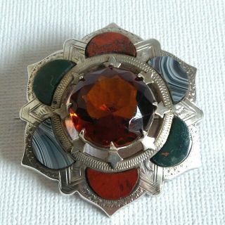Antique Victorian Scottish Sterling Silver Agate Citrine Paste Brooch Pin