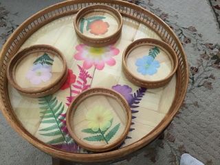 Vintage Bamboo Wicker Serving Tray With 4 Coasters Set Flowers