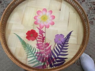 Vintage Bamboo Wicker Serving Tray with 4 coasters Set Flowers 2