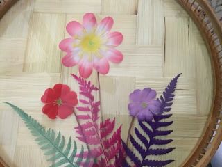 Vintage Bamboo Wicker Serving Tray with 4 coasters Set Flowers 3