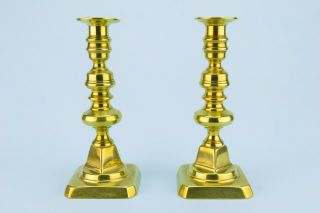 19c Brass Candlesticks Pair Gold Polish Square Antique Victorian Candle Holder