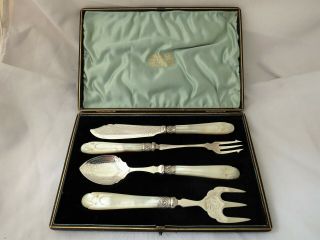 Silver,  Silver Plate & Carved Mother Of Pearl Serving Set - Cased 1895 - Jam Etc.