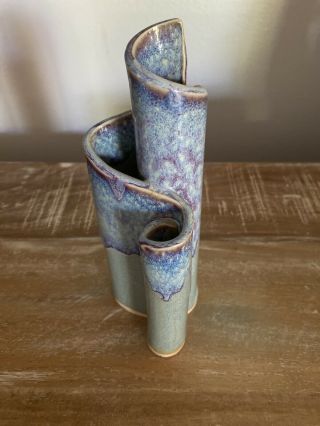 Vintage Bay Stoneware Pottery Scroll Vase Holder Blue Heavy 7 "