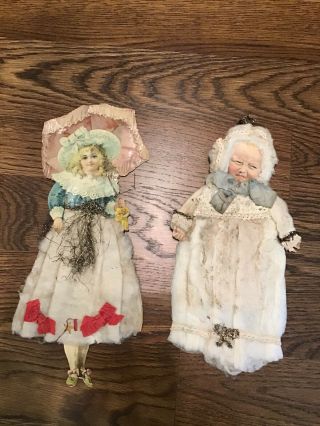 Antique Cotton Batting Victorian Scrap Christmas Ornaments - Baby And Lady
