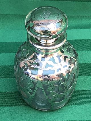 Antique Sterling Silver Overlay Glass Perfume Bottle Monogrammed 4.  75 High