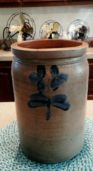 Antique Salt Glazed Stoneware Crock Blue Paint 2 Gallon