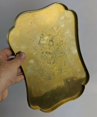 Chinese Antique Brass Opium Tray With Man On Horse Design - C1900 Paktong Qing