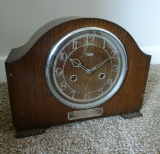 Antique Smiths Enfield Oak Mantel Clock With Chime (key & Pendulum Presentation)
