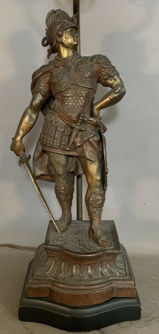 19thc Antique Victorian Mantel Statue Old Warrior In Armor & Sword Figural Lamp