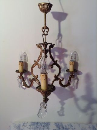 Vintage French Ornate Bronze & Crystal 3 Arm Bird Cage Chandelier Light (3813)