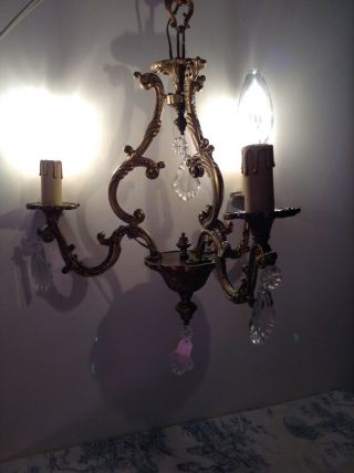 Vintage French Ornate Bronze & Crystal 3 Arm Bird Cage Chandelier Light (3813) 2