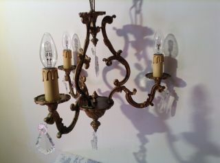 Vintage French Ornate Bronze & Crystal 3 Arm Bird Cage Chandelier Light (3813) 3