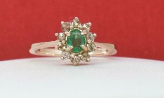Antique Solid 14k Rose Gold 1.  20ct Columbian Emerald & I - Si Diamond Ring