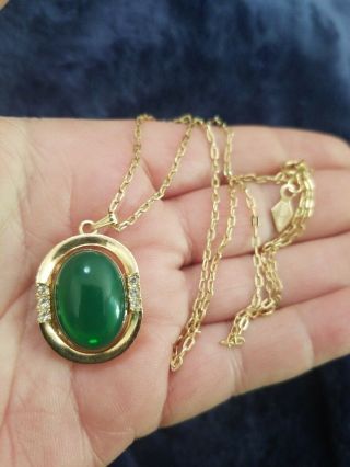 Vintage 16 To 18 " Signed Sarah Coventry Green Cabochon Bead Necklace Gold Tone