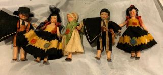 5 Antique 1930’s Hertwig Miniature 4 " German Jointed Doll House Dolls.