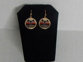 Laurel Burch Earrings Moon Cat Vintage Black Red And Goldtoned French Wires