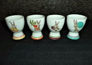 Set Of 4 Vintage Ceramic Egg Cups Holders W/ Double - Sided Bunny - Rabbit Pictures