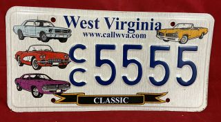 West Virginia Classic Cars License Plate Cc5555 Mustang Corvette Gto Challenger
