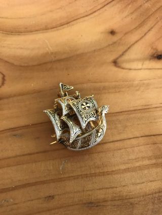 Vintage Jewelry Signed Spain Damascene Pirate Ship Brooch Pin 1 1/4”