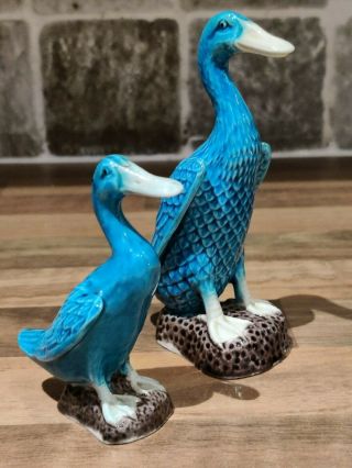 Vintage Chinese Turquoise Blue Glaze Goose Duck Figure Pair Celadon