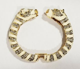 Vintage White Enameled Rhinestone Double Horse Head Cuff Bangle Bracelet 2