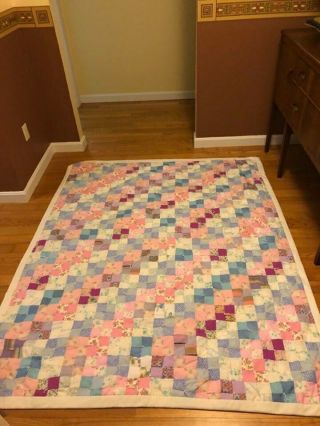 Vintage Quilt Blanket Large Pink Purple White Very Pretty