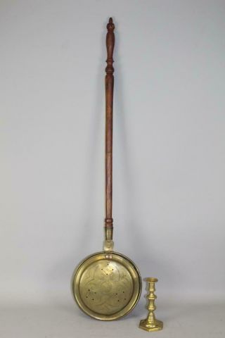 An 18th C Brass & Copper Bedwarmer Engraved Lid Reds Painted Handle