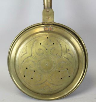 AN 18TH C BRASS & COPPER BEDWARMER ENGRAVED LID REDS PAINTED HANDLE 2
