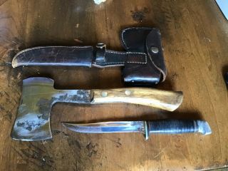 Antique Case Xx Knife & Axe Combo Combination W/case Leather Sheath