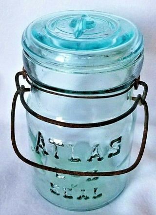 Vintage Wire Bail Bale Atlas E - Z Seal Blue Green Pint Canning Jar W/ Glass Lid
