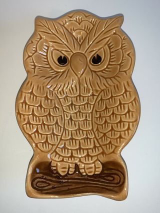 Vintage Ceramic Owl Trivet Ashtray Spoon Rest Brown Tan Mcm Multipurpose Dish