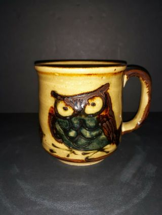 Owl Mugs Vtg Japan Stoneware Mid Century Mod Birds 1970s Gold Brown
