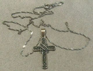 Vintage Sterling Silver Marcasite Cross Pendant Necklace 18 "