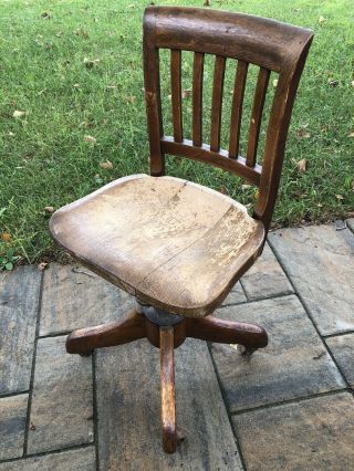 Antique SIKES Oak Banker ' s Secretary Swivel Desk Office Wooden Industrial Chair 2