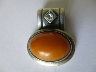 Vintage Sterling Silver Natural Egg Yolk Amber Pendant With Cz
