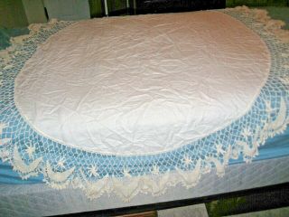 Vintage Hand Crocheted Round Table Cloth Ivory Colored 60